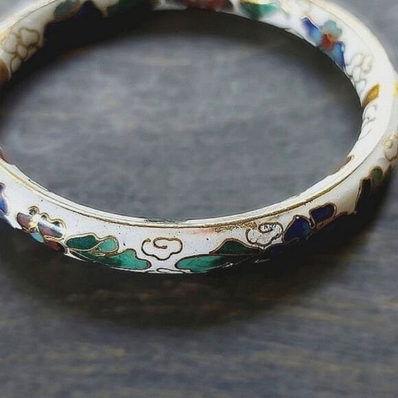 Vtg white floral cloisonné hinged bangle - Picture 9 of 9